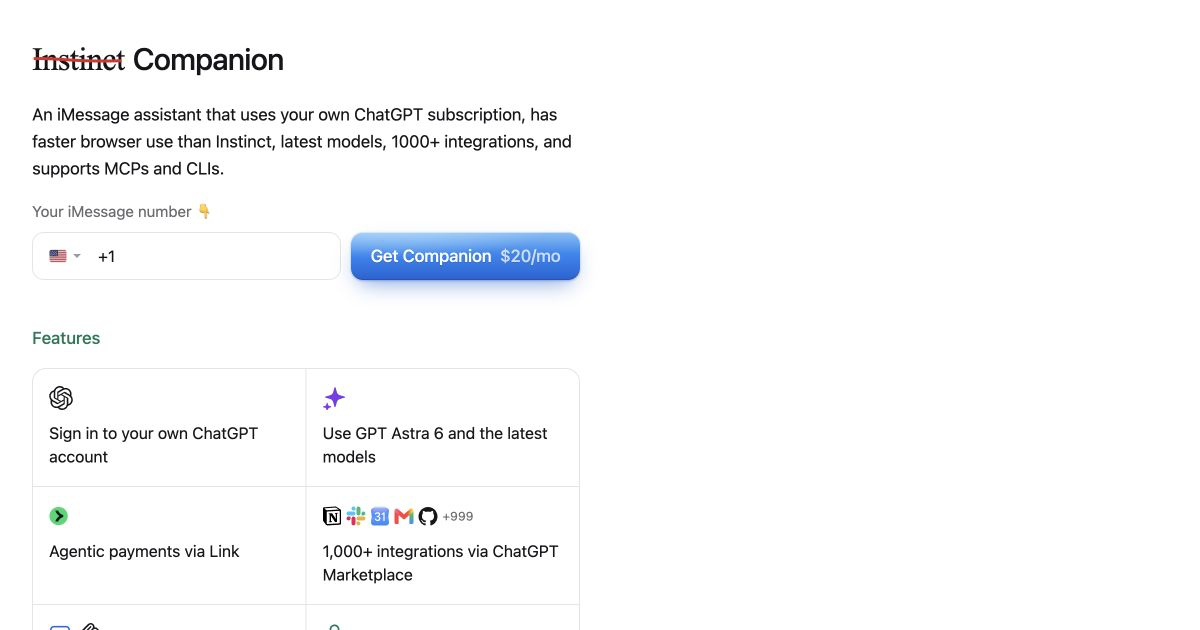 Companion — An AI assistant on iMessage, powered by your own ChatGPT subscription. Get things done…